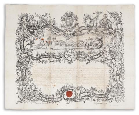 A diósgyőri vashámor és bánya rézmetszetű látképe a helyi kovácsműves céh mesterlevelén.  1779 Eger, Johann Grueber 