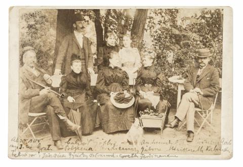Mikszáth Kálmán vendégségben báró Andreánszky Gábor váczhartyáni kastélykertjében, csoportkép 1911 Váchartyán 