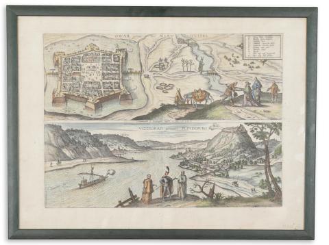 Érsekújvár, Visegrád, Nagymaros látképe : Braun, Georg - Hogenberg, Frans - Owar germanice Nieuhuisel – Vizzegrad germanice Plindeburg  Köln, 1617 