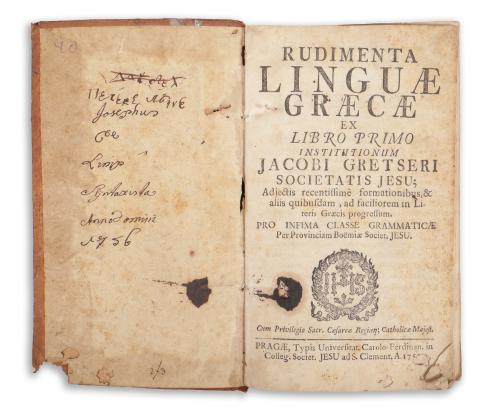 Gretser, Jacob: Rudimenta linguae graecae, ex primo libro institutionum Jacobi Gretseri.   Pragae, 1753, Typis Universitat - Societ. Jesu ad S. Clement.  
