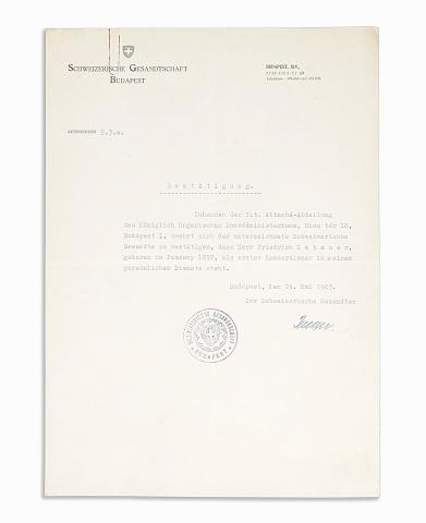 A budapesti Svájci Nagykövetség menlevele 1943-ból 1943 Budapest 
