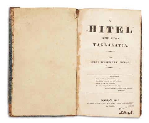 Desewffy Jó'sef, gróf: A' "Hitel" czímü munka taglalatja  Kassán, 1831, Werfer Károly. 