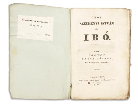 Orosz József, Balásfalvai:  Gróf Széchenyi István mint iró. Kiadta -- Zala vármegyének táblabírája.   Pozsony, 1832. Snischek Károly nyomtató intézete. 