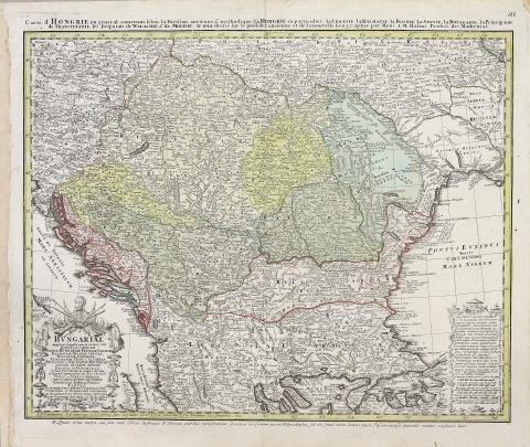 Homann, Johann Baptist: Carte d'Hongrie en general, contenant selon la division ancienne & Methodique, la Hongrie en particuliee, la Croatie, la Dalmatie, la Bosnie, la Boulgrie, la Principaute de Transylvanie, les Despotats de Walachie & de Moldaviae... 1744 Nürnberg 