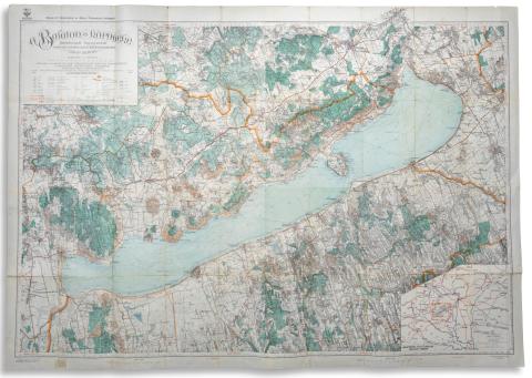 A Balaton és környéke, fürdőhelyek, hajójáratok, autó- és turista-utak feltüntetésével, négy lapon. 1929 Budapest, M. kir. Térképészeti Intézet 