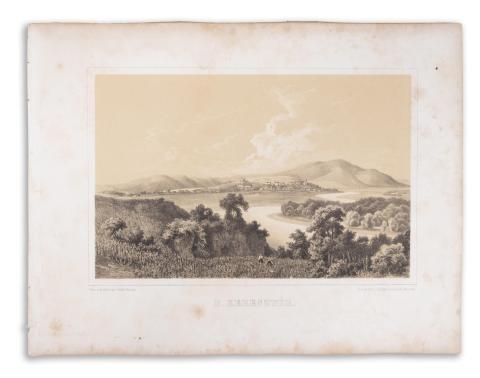 Bodrogkeresztúr látképe: Keleti Gusztáv - B. Keresztúr – Bodrogkeresztúr távlati képe a folyóval  Özvegy Fuchs Györgyné műintézete München kiadásában 1867. 