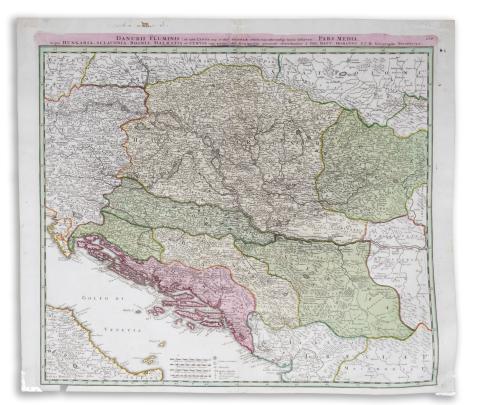 Homann, Johann Baptist: Danubii Fluminis (ab urbe lentia usq. et ultra bydenam urbem cum influentibus fluviis delineati) pars media, in qua Hungaria, Sclavonia, Bosnia, Dalmatia et Servia cum vicinis aliis Regionibus.  Nuremberg, ca. 1750 
