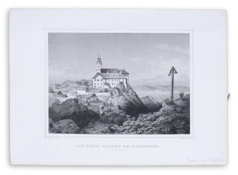 Tihany látképe: Rohbock, Ludwig - Die Abtei Tihany am Plattensee – [Tihanyi apátság a Balaton partján]  1856 Darmstadt, Druck & Verlag von Gustav Georg Lange 