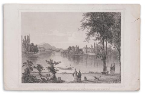 Rohbock, Ludwig: Városliget Pesten – Das stadtwaldchen in Pesth [Színezetlen acélmetszet] 1856 Darmstadt, Druck & Verlag von Gustav Georg Lange 