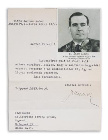 Vitéz Jaross Andor levele dr. Albrech Ferenc ügyvédnek  Kelt. Budapest, 1943.dec.6. 