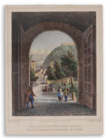 Rohbock, Ludwig: Kilátás a várkapuból Budán – Blick durchs burgthor in Ofen 1856 Darmstadt, Druck & Verlag von Gustav Georg Lange 