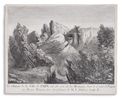 Pápa látképe: Le Chateau de la Ville de Papa vue du coté de la Montagne dans le Comté de Vesprin en Basse Hongrie, tiré du Cabinet de M. L. Dubois Sculp. P.   