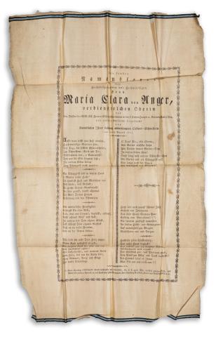 Zur froben von namensteher… der frau Maria Clara von Anger, verdienstreichen oberin… [Selyemre nyomtatott halotti búcsúztató]  Buda, 1810. 