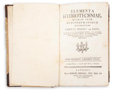 Hadaly de Hada, [Károly] Carolus: Elementa hydrotechniae, quae in usum auditorum suorum elucubratus est --.   1783, Iaurini [Györ], Joseph Streibig 