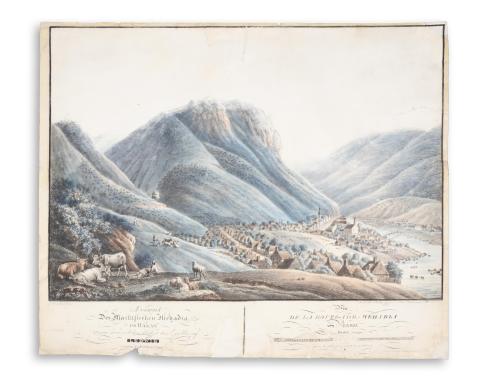 Mehádia látképe:  Alt, Jakob - Neuhauser,  [Ferenc] Franz - Ansicht des Marktflecken Mehadia im Banat. – Vue de la bourgade Mehadia Banat…Színezett lithográfia  Wien, 1840, Lith. Institut 