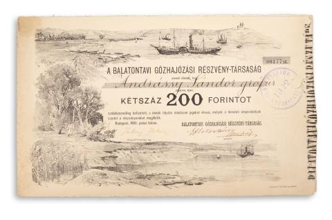 A 'Balatontavi Gőzhajózási Részvény -Társaság' részvénye 200Ft-ról szelvényekkel, szárazpecséttel, bélyegzésekkel    