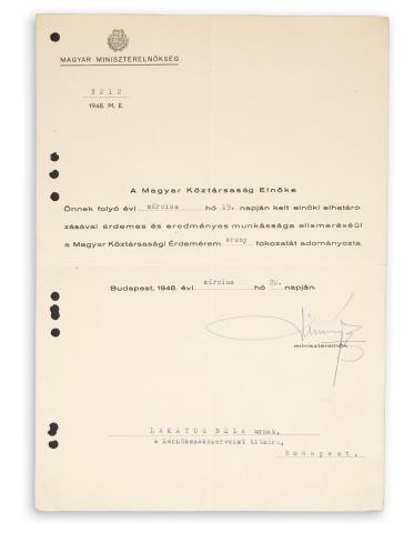 Lakatos Béla kitüntetése Dinnyés Lajos miniszterelnök aláírásával  Budapest, 1948. március 20. 