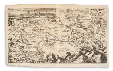 Hipschmann, Sigmund Gabriel : Eigentlicher Entwurff der grossen und kleinen Insul Schutt sampt denen umbher liegenden Christlichen und Türckischen Vestungen  1688 Hamburg,  Thomas von Wiering 