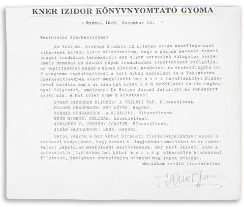 Kner Imre aláírt, gépelt levele „Tekintetes Szerkesztőség” címmel  1930 gyoma 