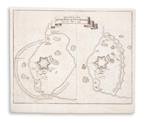 Érsekújvár látképe : Merian, Matthäus  - Neuheusel wird dem Türcken mit Sturm abgenommen. Anno 1685 den 19. Aug. [Érsekújvár visszafoglalása]  Frankfurt a. M. 1691. 