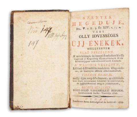 Szőnyi Benjamin : Szentek hegedűje, ... vagy Olly idvességes ujj énekek... 10. kiadás. -- Hóld-Mező Vásárhellyi reform ekklesiának lelki tanítója által.  Budán, 1809, Landerer Anna betüivel 