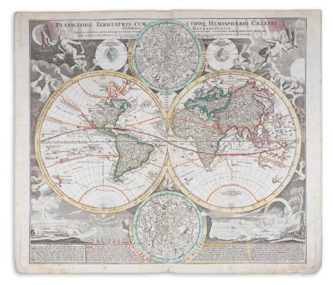 Homann, Johann Baptist: Planiglobii Terrestris cum Utroq Hemisphaerio Caelesti Generalis Repraesentatio...  Nuremberg, ca. 1720. 
