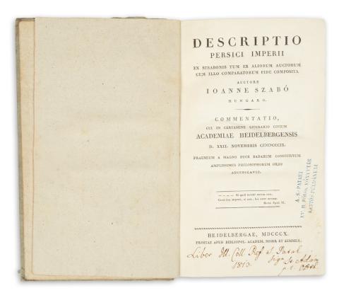  Szabó [János] Joanne [Váradi]: Descriptio persici imperii. Ex Strabonis tum ex aliorum auctorum cum illo comparatorum fide composita.  Heidelbergae, 1810, Bibliopol. Academ, Mohr et Zimmer. 