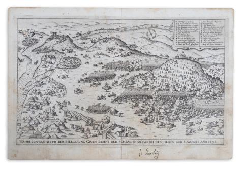 Esztergom látképe: Siebmacher, Johann - Wahre Contrafactur der Belegerung Gran, sampt der schlacht so...[Esztergom ostroma 1595]  Nürnberg, 1620. [in der Furhmännischen Druckerey, bey Johann Friderich Sartorio] 