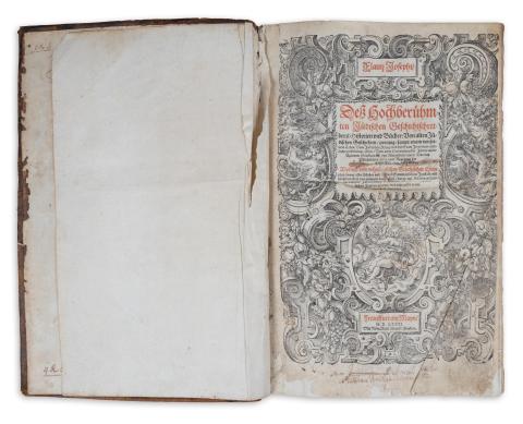 Josephus Flavius: Des Hochberühmten Jüdischen Gesichtschreibers. Historien und Bücher: Von alten Jüdischen Geschichten, zwentzig, sampt einem von seinem Leben: Vom Jüdischen Krieg... Alles auß dem ursprünglichen Griechischen Exemplar …  [I-II. rész egybekötve]  Frankfurt am Mann, 1581. J. u. S. Feyerabend. 