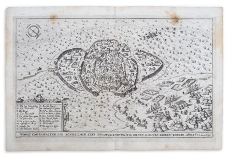 Székesfehérvár látképe: Siebmacher, Johann - Wahre Contrafactur der Königlichen stat Stulweissenburg...[ Székesfehérvár 1601. évi ostroma]  Nürnberg, 1620. [in der Furhmännischen Druckerey, bey Johann Friderich Sartorio] 