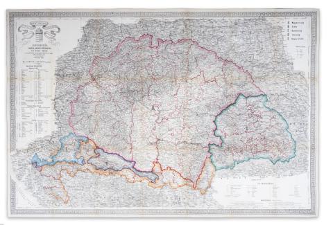 Skrzeszewski Ádolf: A Magyar Szent Korona országai: Magyarország, Erdély, Horvát-, Tótország és a katonai végvidék Uj térképe Részben a szomszéd országokkal.  Buda, 1866. Nagel Bernát. Nyomtatta Obenheimer Vincze Bécsben. 