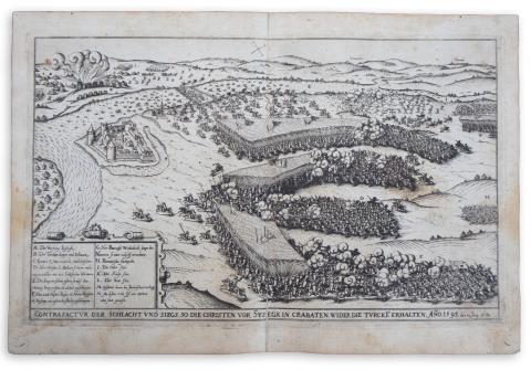 Sziszek látképe: Siebmacher, Johann - Contrafactur der Schlacht und Siegs, so die Christen vor Sysegk in Crabaten, wider die Turcke erhalten [Sziszek ostroma 1593]  Johann Nürnberg, 1620. [in der Furhmännischen Druckerey, bey Johann Friderich Sartorio] 