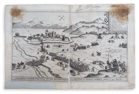 Tata látképe: Siebmacher, Johann - Conterfactur der Voestung Tottis wie die...[Tata ostroma 1597]  Nürnberg, 1620. [in der Furhmännischen Druckerey, bey Johann Friderich Sartorio] 