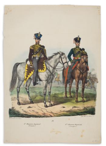 Porosz lovas huszárok egyenruhában, lithográfia 1836.   