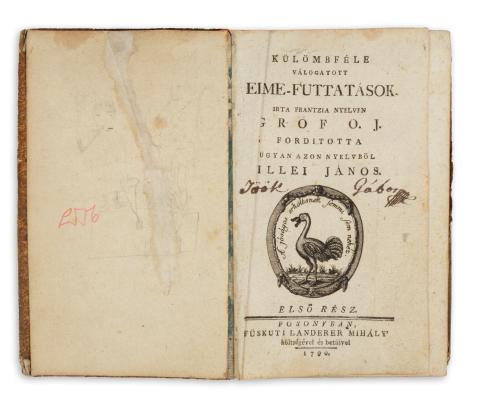[Oxenstierna, Johan Turesson, af Croneborg]: Külömbféle válogatott elme-futtatások. Irta frantzia nyelven gróf O. J. Fordította ugyan azon nyelvből Illei János. I–II. rész. [Egybekötve.]  Posonyban, 1790. Füskuti Landerer Mihály 