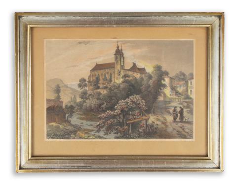 Garamszentbenedek templomának látképe: Rohbock, Ludwig - Heisinger, Georg: Szent-Benedeki templom. / Kirche zu St. Benedek.  Darmstadt, 1856, Druck & Verlag von Gustav Georg Lange 