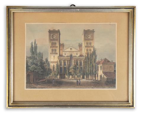Pécsi székesegyház látképe: Rohbock, Ludwig: A pécsi székesegyház fő homlokzata - Dom in Fünfkirchen Hauptfacade  Darmstadt, 1856, Druck & Verlag von Gustav Georg Lange 