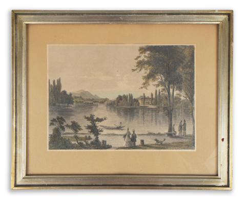 Pesti Városliget látképe a tóval: Rohbock, Ludwig - Hablitschek, Franz : Városliget Pesten / Das Stadtwaldchen  Darmstadt, 1856, Druck & Verlag von Gustav Georg Lange 