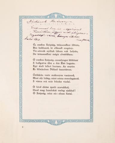 József Attila: Szépség koldusa – Egyedi díszkötésben, a költő első szerelmének, Gebe Mártának szóló ajándékozó sorokkal  Szeged, 1922. Koroknay 