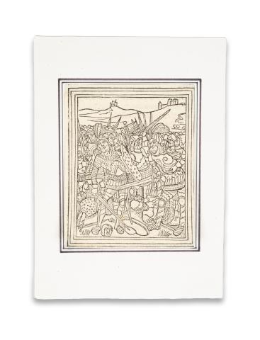 Csatajelenet: fametszet a La Mer des hystoires ősnyomtatványból   