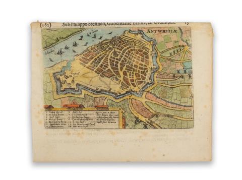 Baudart, Guillaume : Antwerpiae. Antwerpen ostroma és elfoglalása 1584/1585-ben. Színezett rézmetszet.  Amsterdam, 1616, chez Michael Colin 