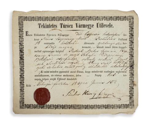 Útlevél. Tekintetes Túrócz Vármegye Útilevele.  Stubnyafürdő, 1849. június 15. 