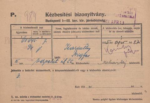 Karinthy Frigyes (1887-1938) író autográf aláírása egy neki szóló kézbesítési bizonyítványon.   