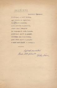 Erdélyi József (1896-1978) költő, író "Emlékvers Petővári Áginak" című versének gépirata, autográf ajánlással.
