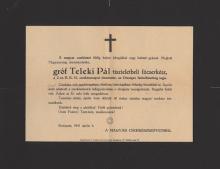 Gróf Teleki Pál gyászjelentése, amelyet a Magyar Cserkészszövetség adott ki. 1941 Bp. Buschmann F. utódai ny