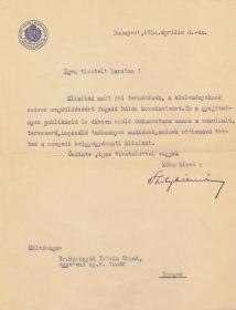 Szily Kálmán (1875-1958) mérnök, a vallás- és közoktatásügyi minisztérium államtitkára saját kezűleg aláírt, gépelt levele Rusznyák István egyetemi tanárnak.