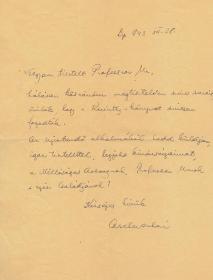 Ascher Oszkár (1897-1965) Kossuth-díjas színész, színházigazgató autográf levele Rusznyák István orvosprofesszorhoz.