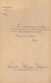 Dániel Ernő (1843-1923) kereskedelemügyi miniszter által saját kezűleg aláírt, hivatalos levél.