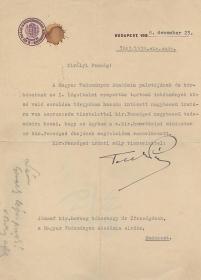 Teleki Pál gróf (1879-1941) korábbi és későbbi miniszterelnök, az Imrédy-kormány vallás- és közoktatásügyi minisztere által saját kezűleg aláírt, gépiratos levél József főhercegnek, az MTA elnökének.