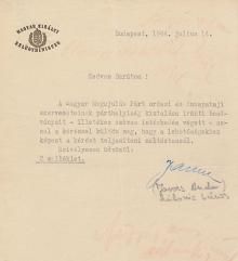 Jaross Andor (1896-1946) belügyminiszter által saját kezűleg aláírt, gépelt levél ismeretlennek.